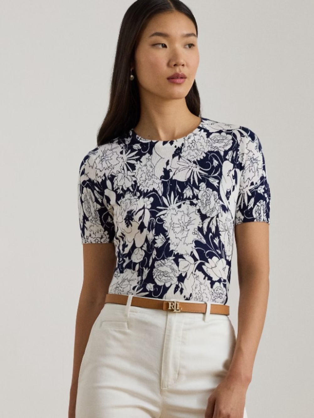 NWT $125 Ralph Lauren Floral Print Blue White Cotton Short Sleeve Knit Top XS 2